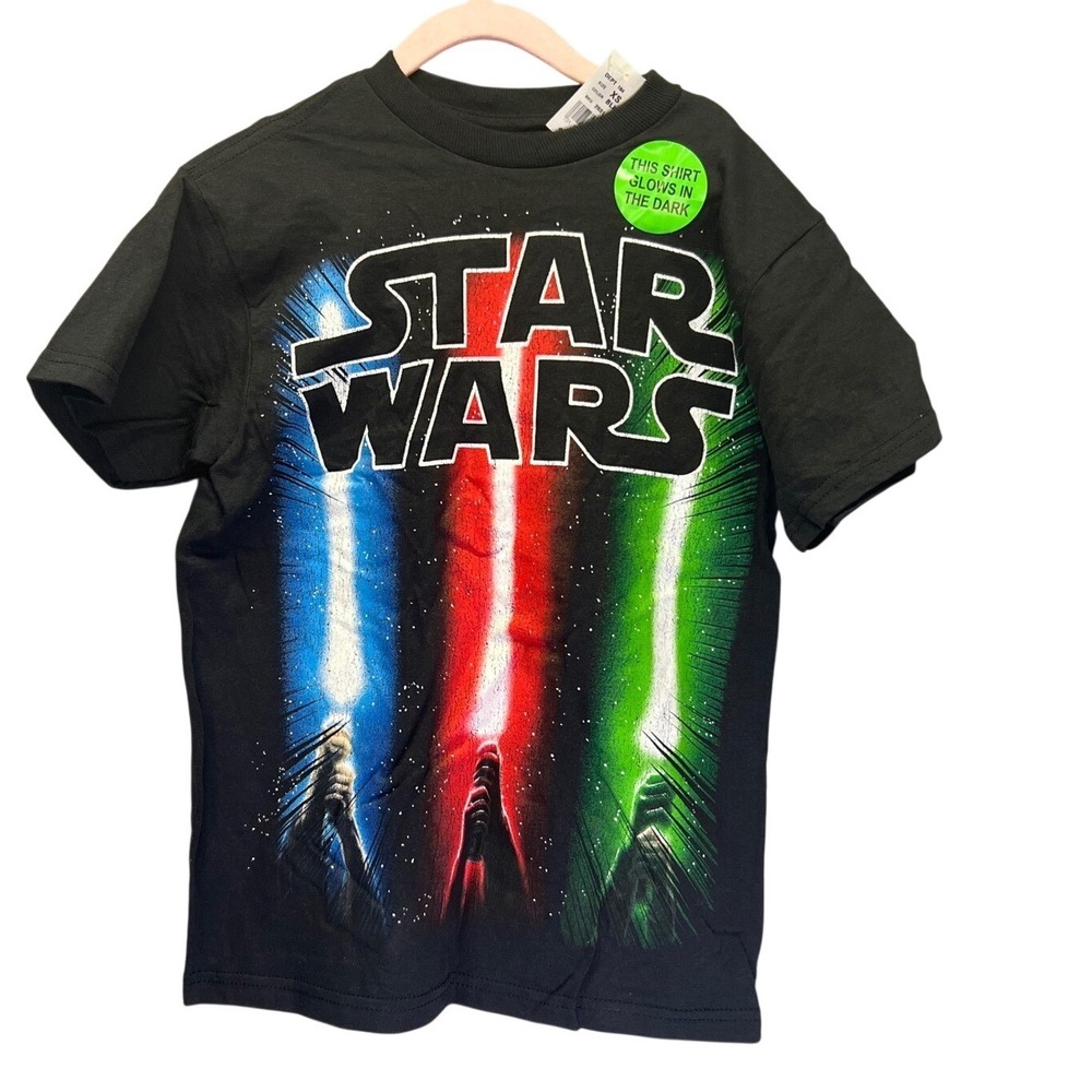 Kids Star Wars Glow in the Dark‎ T Shirt XS Black Lightsaber Graphic Cotton
